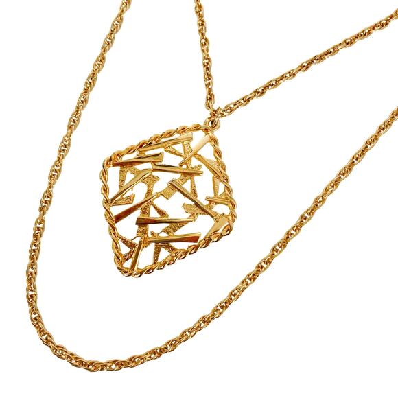 VTG 1970s Gold Tone Modernist Pendant Necklace Long Rope Chain 48" - Picture 1 of 9
